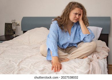 Mental Health Woman Stress Alone, Addict And Alcoholism Alone Sad Sitting On Bed At Home In Depression. Concept Mental Health Emotional Anxiety, Panic Attack. Sadness, Loneliness, Old Age