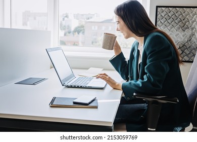 Mental Health In The Workplace. Businesswoman Drinking Coffee And Resting In Modern Office. Good Mental Health At Work And Good Management