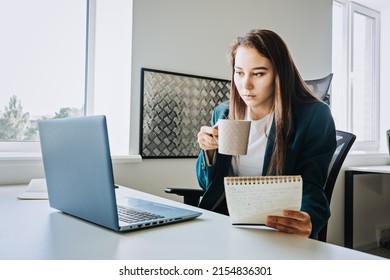 Mental Health In The Workplace. Businesswoman Drinking Coffee And Resting In Modern Office. Good Mental Health At Work And Good Management