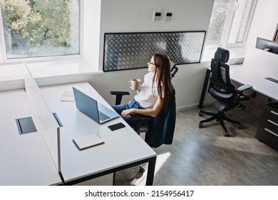 Mental Health In The Workplace. Businesswoman Drinking Coffee And Resting In Modern Office. Good Mental Health At Work And Good Management