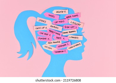 Mental Load Concept With Woman's Head Silhouette With Multiple Tasks On Notes 