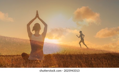 Mental And Physical Health Concept. Woman Meditating, Running Living Active Healthy Lifestyle. 