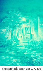 Menthol background  palm trees   Palace and wrought iron bars in Park and figured shrubs   stone path  Drawing textured paper and colored professional pencils  With filter in photoshop