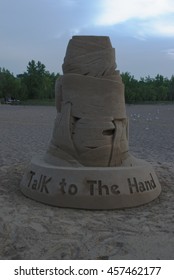 MENTOR OH USA - JULY 21 2016: Talk To The Hand Statue Sand Sculpture At Beachfest.