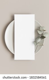 Menu Card Mockup With A Eucalyptus Branch On A Plate, 4x9 Ratio.