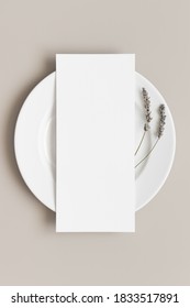 Menu Card Mockup With A Lavender On A Plate, 4x9 Ratio.