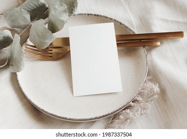 Menu Card Mockup On Empty Modern Minimal Table Place Setting Neutral Beige Color.  Space For Text. Scandinavian Style Tableware.