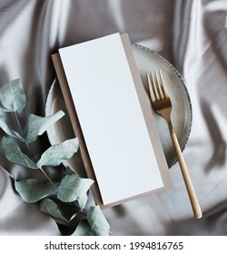 Menu Card Mockup On Empty Modern Minimal Table Place Setting Neutral Beige Color.  Space For Text. Scandinavian Style.