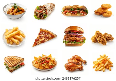 Menu of delicious fast foods collection, set. isolated on white background. shawarma wrap, wings, sandwich, chicken nuggets, cheese sticks, pizza slice, chicken burger, chicken strips, nachos, fries. - Powered by Shutterstock