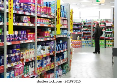 MEPPEN, GERMANY - FEBRUARY 27: Aisle With A Variety Feminine Hygiene Products In A Kaufland Hypermarket, A German Hypermarket Chain, Part Of The Schwarz Gruppe. Taken In Germany, February 27, 2014