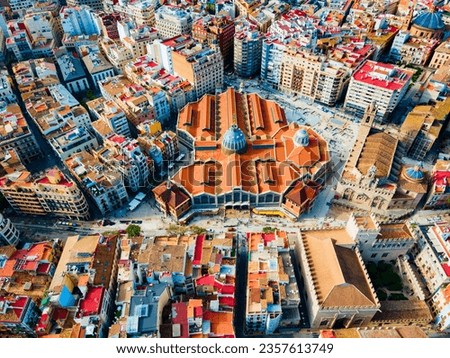 Mercado Central aerial panoramic view. Mercat Central is a public central market located in central Valencia, Spain.