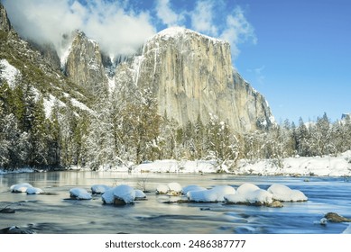 The Merced River looking into Yosemite Valley and El Capitan during the winter with snow. Yosemite National Park, California. - Powered by Shutterstock