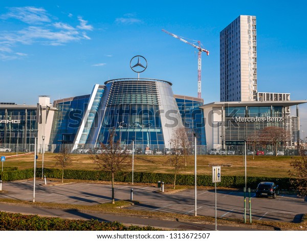 Mercedes Benz Car Manufacturer Building in\
Milan,Italy-January\
2019