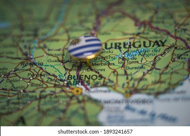 Mercedes pinned on a map with the flag of Uruguay