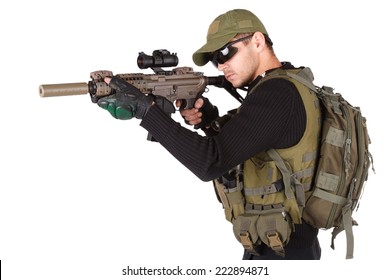 Mercenary With M4 Rifle Isolated On White