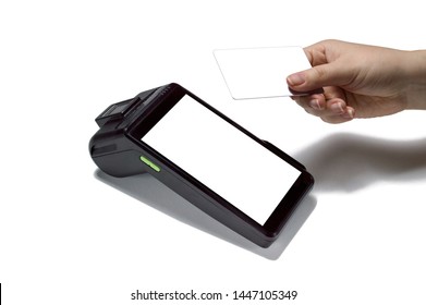 Merchant Payment Proccessing. Customer Paying Contactless With Credit Card On POS. Close Up Payment Terminal Isolated On White Background. Mockup For Branding. Concept For Banking And Card Payments.