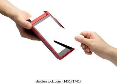 Merchant Payment Proccessing. Customer Paying Contactless With Credit Card On POS. Close Up Payment Terminal Isolated On White Background. Mockup For Branding. 