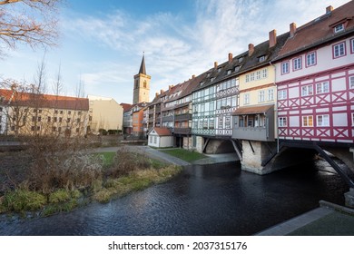 Merchants Bridge (Krämerbrücke) and Agidienkirche Church Tower - Erfurt, Thuringia, Germany