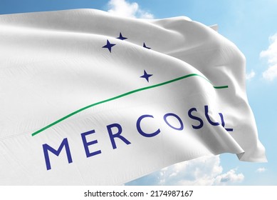 Mercosul Flag Waving In The Wind On Flagpole, On Sky Background