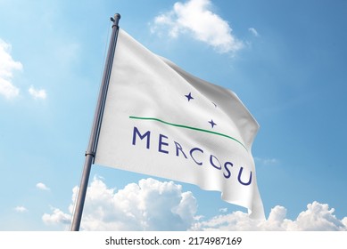 Mercosul Flag Waving In The Wind On Flagpole, On Sky Background