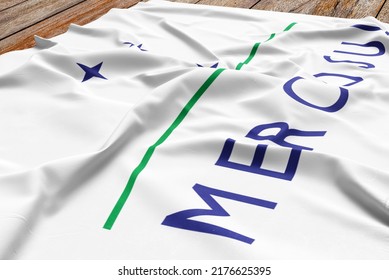 Mercosul Flag Waving In The Wind On Flagpole, On Sky Background	