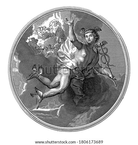 Mercury, anonymous, after Jean-Baptiste Corneille, Ceiling piece with the god Mercury flying with the caduceus in his hand. In the background the gods of Olympus on the clouds, vintage engraving.