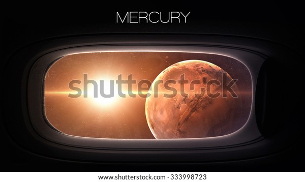 Mercury - Beauty\
of solar system planet in spaceship window porthole. Elements of\
this image furnished by\
NASA