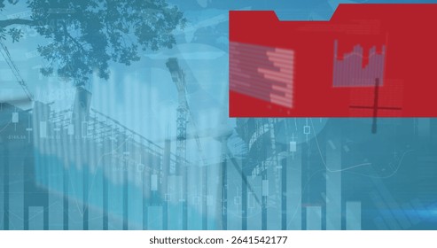 Merging bar line and candlestick charts with construction site cranes, tree branches and red overlay. Financial analysis, urban development, data visualization, industrial landscape, modern