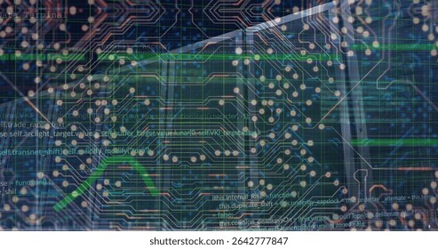 Merging circuit board traces and glowing nodes with code in data-center, with faint rack outlines. Technology, innovation, connectivity, futurism, cybersecurity, digital, network