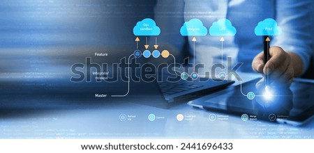 Merging, commit, protect master development for business. Git flow concept.Expanded branch model.Development software diagram. Flowchart branching, development and release version process workflow.