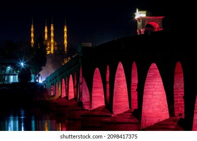 Meric Bridge And Selimiye Mosque Night Exposure, Edirne, Turkey