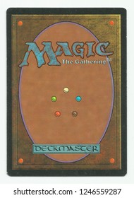 MERIDA, EXTREMADURA, SPAIN - DIC 01, 2018: Magic The Gatherings card back. The game was created by Richard Garfield circa 1993