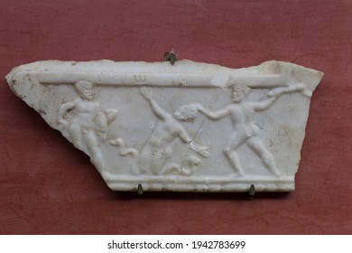 Merida, Spain - December 20th, 2017: Decorative Plaque With Scene Of The Labours Of Hercules. Heracles Wrestling With Achelous. National Museum Of Roman Art In Merida, Spain