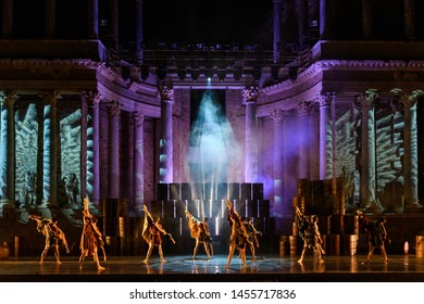 Merida, Spain - July 18, 2019: 65th Edition Of The International Festival Of Classical Theatre In Merida. Play “Antigone” By Ballet Company Of Victor Ullate. Full Company Of Ballet Dancers On Stage