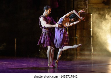 Merida, Spain - July 18, 2019: 65th Edition Of The International Festival Of Classical Theatre In Merida. Play “Antigone” By Ballet Company Of Victor Ullate. Pair Of Ballet Dancers