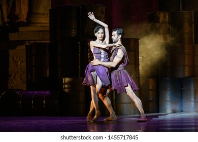 Merida, Spain - July 18, 2019: 65th Edition Of The International Festival Of Classical Theatre In Merida. Play “Antigone” By Ballet Company Of Victor Ullate. Pair Of Ballet Dancers