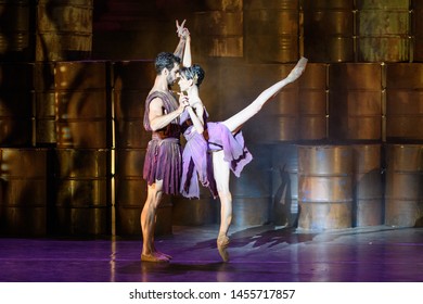 Merida, Spain - July 18, 2019: 65th Edition Of The International Festival Of Classical Theatre In Merida. Play “Antigone” By Ballet Company Of Victor Ullate. Pair Of Ballet Dancers