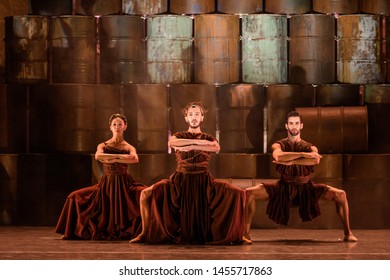 Merida, Spain - July 18, 2019: 65th Edition Of The International Festival Of Classical Theatre In Merida. Play “Antigone” By Ballet Company Of Victor Ullate. Trio Of Dancers