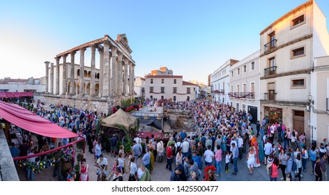 Merida, Spain - June 07, 2019 Emerita Ludica, Representation History In Merida, Spain.Panorama Of The Temple Of Diana With Public