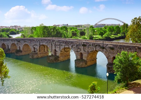Merida in Spain roman bridge over Guadiana river Badajoz Extremadura