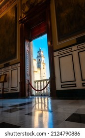 Merida, Yucatan, Mexico-February 23, 2016: Municipal Palace- Elegant Detail Of The Interior Of The Government Building In Colonial-style Architecture With The View Of Merida Cathedral Through The Door