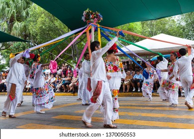 Merida, Yucatan/Mexico-October 2011: Young dancers performing a folk dance in festival called "Vaqueria" at downtown central park