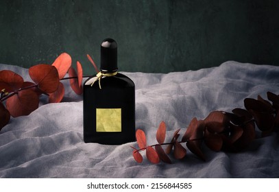 MERIDA-YUCATAN-MEXICO-MARCH-2022: black orchid perfume bottle by designer Tom Ford on light blue fabric with a green background and 2 artificial branches decorating this exclusive product.