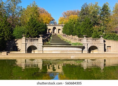 Meridian Hill Park In Autumn, Washington DC, USA. Cascading Fountain And Steps At The Park.