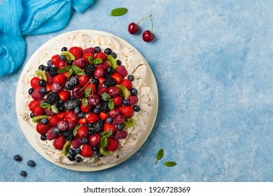 Meringue Pavlova Cake With Fresh Fruit. Top View.