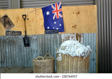 Merino Sheep Wool In A Basket In Australian Sheep Shearing Farm In Queensland, Australia.