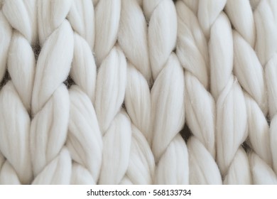 Merino Wool Knit Handmade Large Blanket, Super Chunky Yarn White Texture, Trendy Concept