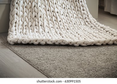 Merino Wool Knit Handmade Large Blanket, Super Chunky Yarn, Trendy Concept