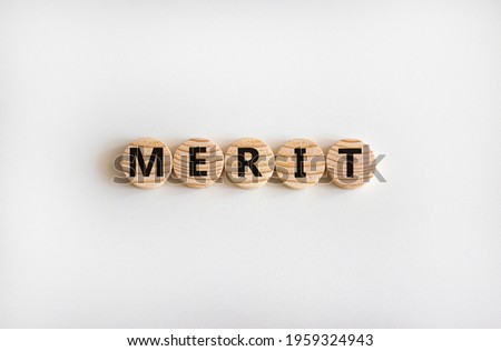 Merit symbol. Wooden circles with the word 'merit'. Beautiful white background, copy space. Business and merit concept.