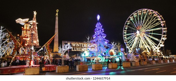 Merl, Luxembourg, December 1 2017  Christmas Market In The City Center On The Constitution Square (Place De La Constitution) Near The Gelle Fra. The Market Features Local Food Stalls And Xmas Lights.